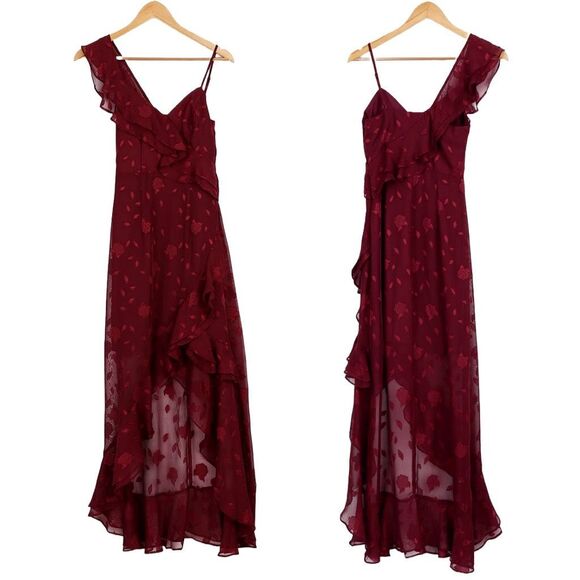 LULUS Forever Be Burgundy Floral Jacquard Ruffled Maxi Dress NWT Valentine Prom - Picture 6 of 8